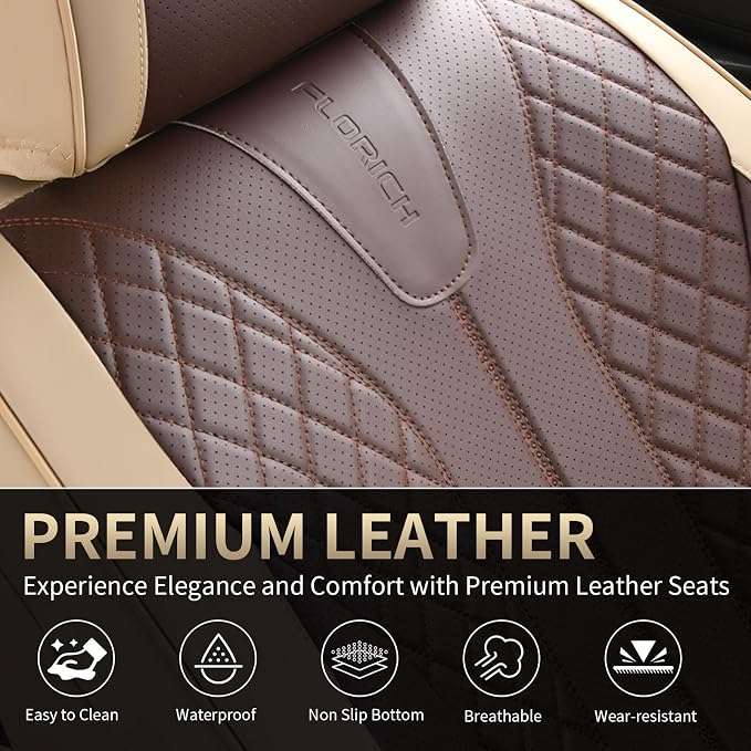 FLORICH Front Seat Covers 2 Pieces Universal Seat Cover for Cars Breathable Leather Waterproof Car Seat Cover Driver Seat Cover Automotive Car Seat Cushion Fit for Most Cars SUV Trucks, Beige&Coffee - Image 7