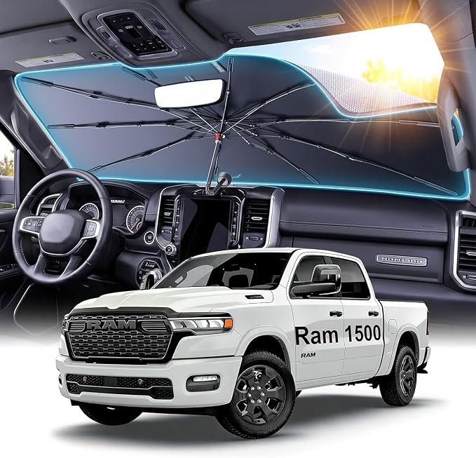 2026 Upgraded Windshield Sun Shade Umbrella for Ram 1500 [Precision Custom Fit, Superior UV & Heat Block] Cooling Tech Fabric, Durable Foldable with Storage Bag, Fits 2011-2025 by Unknown