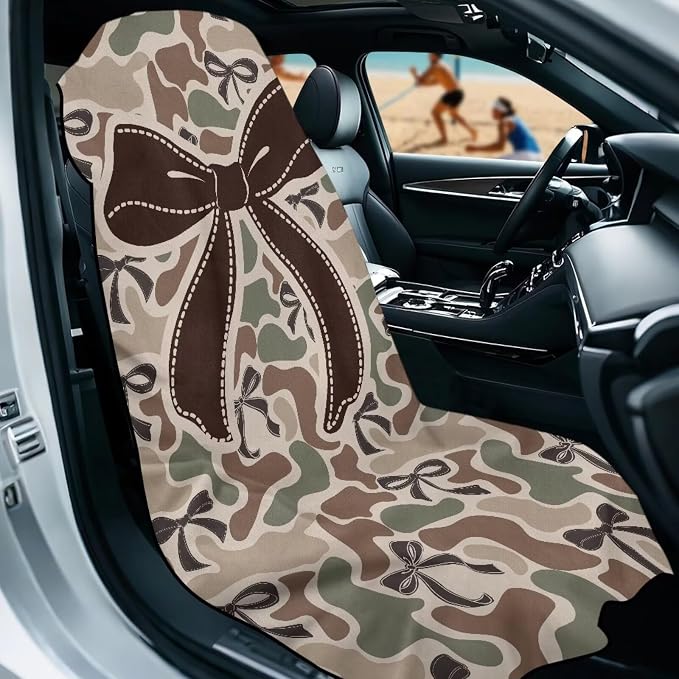 Camo Bow Car Towel Seat Cover 1Pack Soft Comfortable | Breathable Car Seat Cover Protector, with Storage Bag, Easy to Store, for Cars, Trucks, Sedans, Vans, SUVs - Image 2