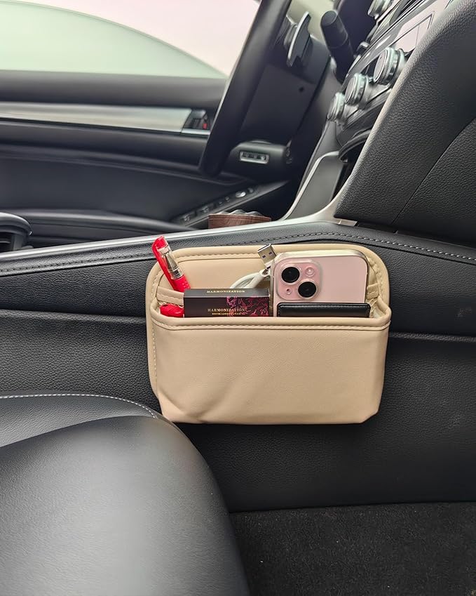 Car Seat Side Pocket Organizer for Car Doors and Consoles, Beige | Reusable Adhesive Car Storage Bag, Holds phones keys wallet sunglass etc, Suitable for all vehicles, PU Leather - Image 4