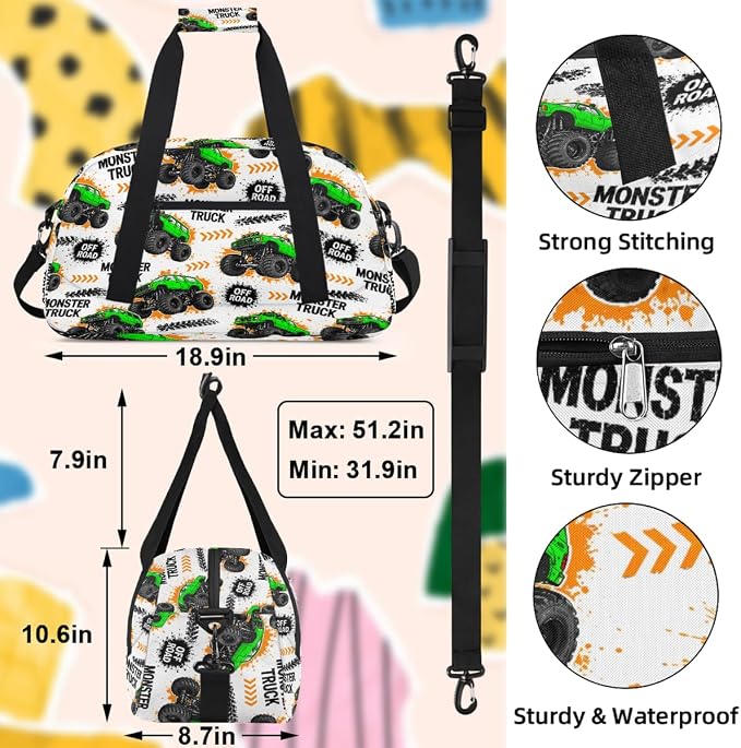 Gym Travel Duffle Bag for Boys - Kids Overnighter Weekend Bag with Front Zipper Pocket for School Practice, Green Monster Car Trucks Teens Carry-On Size Sleepover Bags - Image 2