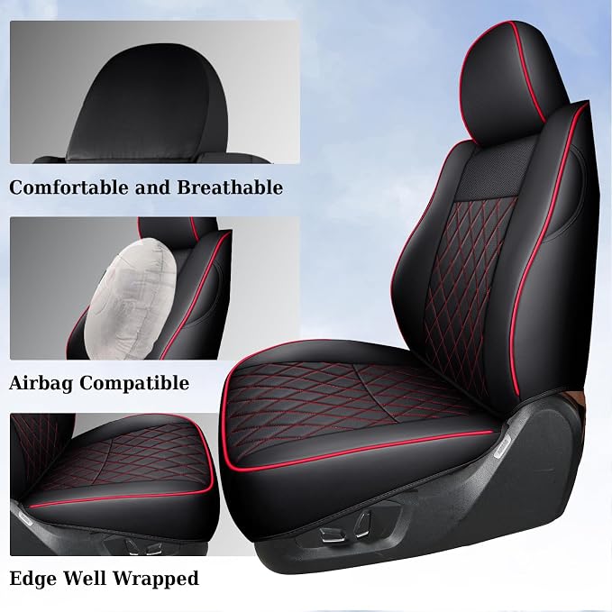 Coverado Tacoma Seat Covers Full Set, Leather Seat Covers for Car, Car Seat Protector Cushion Tacoma Accessories Compatible with 2005-2023 Toyota Tacoma Double/Crew Cab(Red) - Image 7