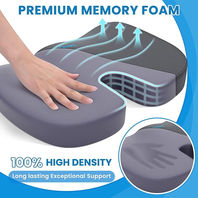Memory Foam Seat Cushion for Office Chair, Car Seat, Gray, XXL | Office Chair Cushion for Car, Airplane - Chair Pad for Long Sitting Sciatica, Hip, Coccyx,Tailbone Pain Relief, Butt Pillow - Image 3