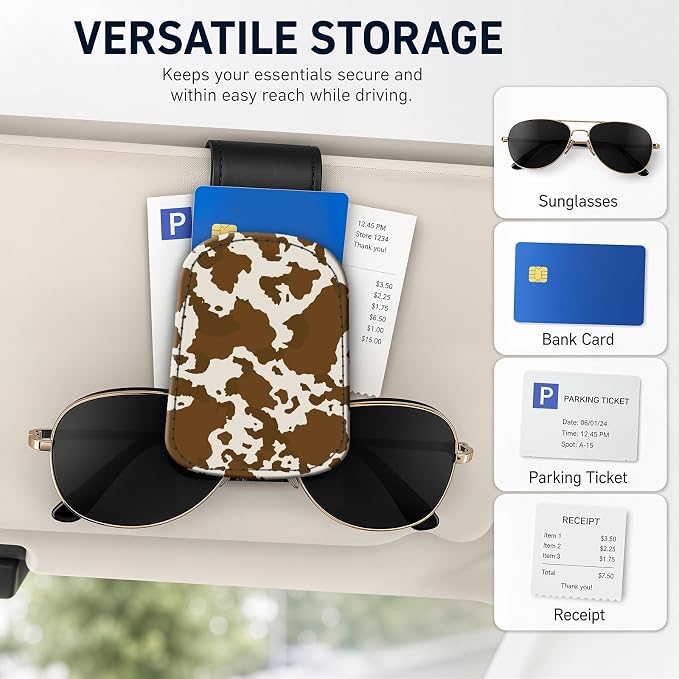 Leather Magnetic Sunglass Holder for Car Sun Visor, Cute Eyeglass Ticket Card Hanger Clip, Universal Auto Interior Accessories for SUV Pickup Truck, Cow Pattern - Image 4