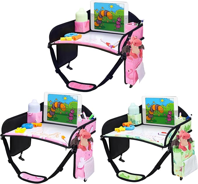 Kids Travel Tray for Toddler Car Seat, Road Trip Activities for Kid | Toddler Car Activities with No-Drop iPad Holder Stand, Roadtrip Essentials with Dry Erase Board & Cooler Cup Holder, 3PC by WENRENER