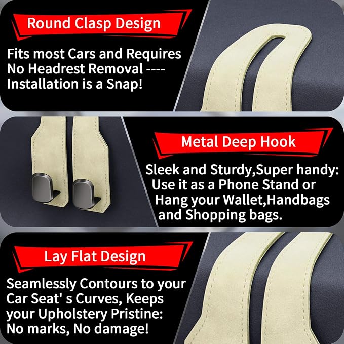 Car Purse Hook, Car Seat Headrest Hooks, Beige Leather 4 Pack | Car Purse Holder Hooks, Universal Car Hangers Seat Back Organizer Storage, Double Metal Hooks for Grocery Purses and Bags - Image 5