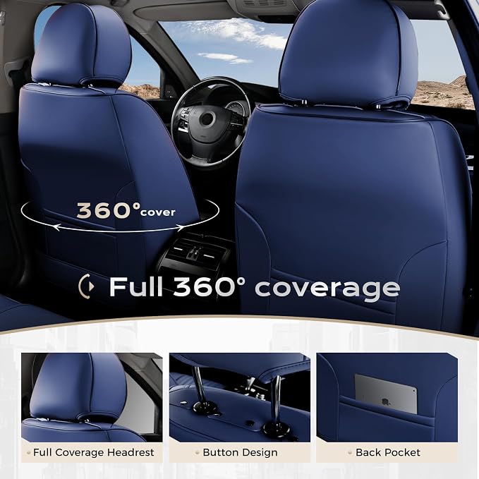 Coverado Car Seat Covers Full Set, Seat Covers for Cars, Car Seat Cover, Car Seat Protector, Leather Car Seat Cushion, Waterproof Car Seat Covers Front Seats and Back Fit for Most Cars(Blue) - Image 3