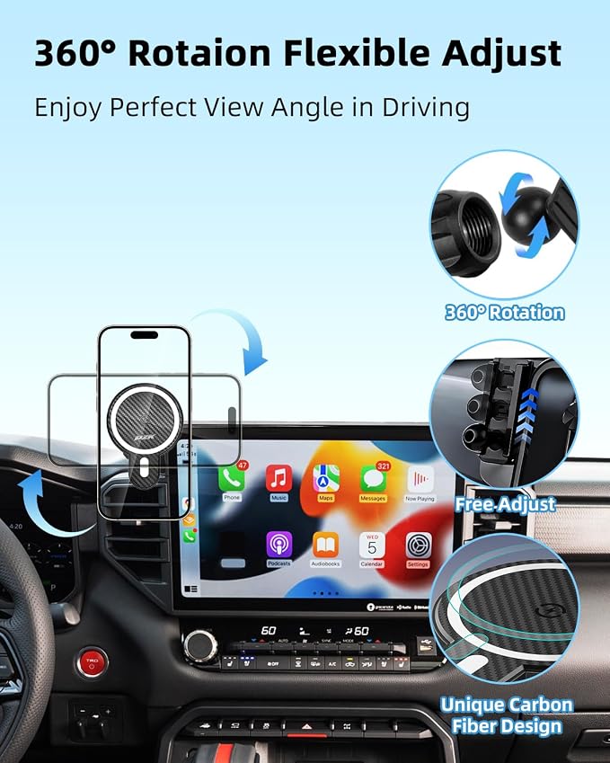 PZK Car Phone Mount for Toyota Tundra 2022-2026 /Sequoia 2023-2026 14-Inch | 3rd Gen Tudnra Accessories Magnetic 15W Fast Wireless Charger Phone Holder for Tundra Magsafe Phone Stand 360° Rotation - Image 3