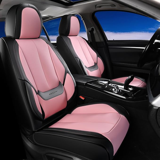 Coverado Seat Covers, Car Seat Covers Front Seats, Car Seat Cover, Car Seat Protector Waterproof, Car Seat Cushion Leather, Seat Covers Carseat Cover Universal Fit for Most Cars Black-Pink by COVERADOAUTO