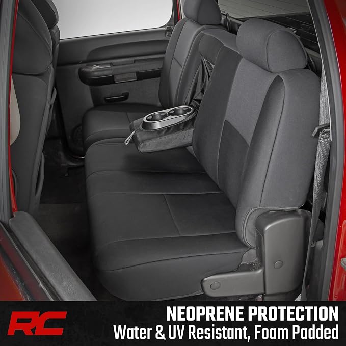 Rough Country Neoprene Seat Covers for Chevy Silverado & GMC Sierra 1500/2500HD (2007-2013) - Waterproof, UV Resistant, Foam-Padded Front & Rear Set w/Rear Armrest - Image 5