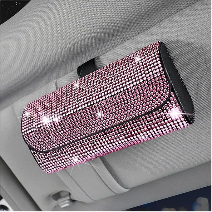 Osilly Bling Car Sunglass Holder for Sun Visor, Sparkling Crystal Leather Automotive Eyeglasses Mount Clip Organizer with Hidden Magnetic Closure for Men Women, Universal for SUV Truck Van（Pink） by Osilly