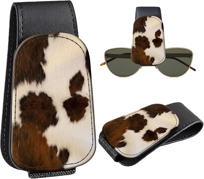 Leather Magnetic Sunglass Holder for Car Sun Visor, Cute Eyeglass Ticket Card Hanger Clip, Universal Auto Interior Accessories for SUV Pickup Truck, Cow Pattern by Unknown