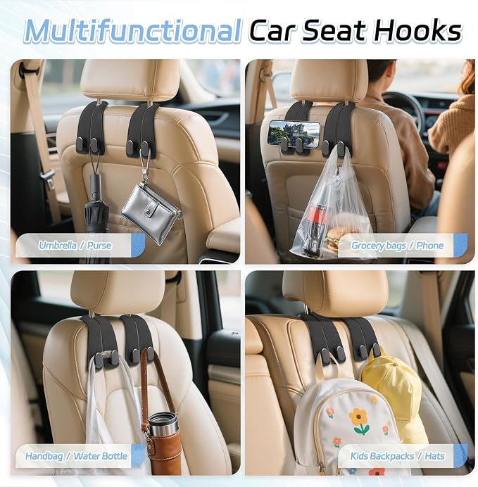 Car Seat Headrest Hooks, 4PCS Universal Car Purse Hook Leather Car Bag Hook | Black Car Bag Purse Holder with Double Metal Hooks for Handbags, Grocery Bags, Bottles, Phones - Image 7