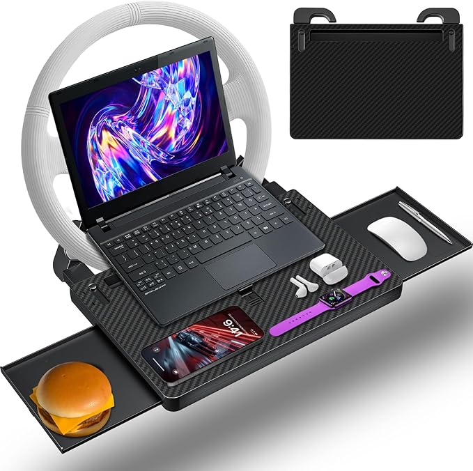 Steering Wheel Tray, Car Food Tray, Car Desk for Laptop, Carbon Fiber Look Multipurpose Car Table for Eating & Work, Adjustable Car Tray with Drawer and Anti-Slip Protective Adhesive by EverywhereWeGo