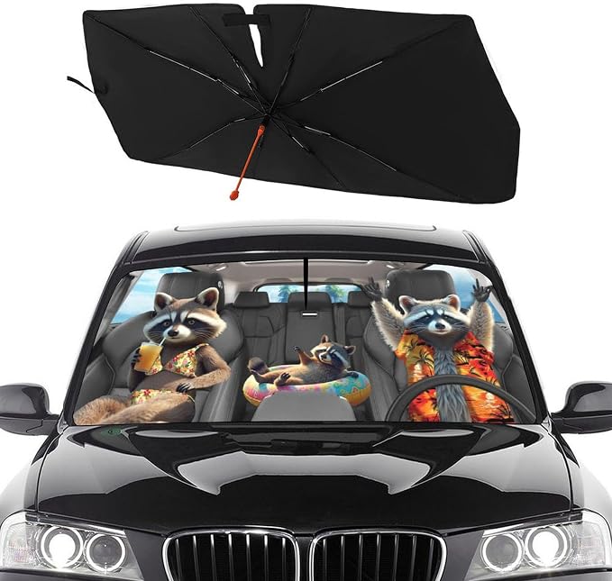 Socira Funny Raccoon Car Windshield Sunshade Umbrella Foldable Visor | Umbrella Sun Shade Cover Racoon Sunshade Front Window Cover Raccoon Car Accessories Blocks Uv Rays (57" X 30") by Socira