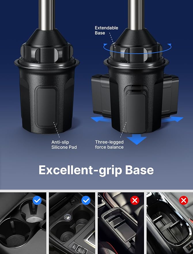 JSAUX Car Cup Holder Phone Mount for Foldable Phones & Mini Tablets | Sturdy Metal Long Arm, Flexible Height and Angle, Adjustable Base, Secure Phone Grip, Fits 2.17-4.33 in Car Cup Holders - Image 7