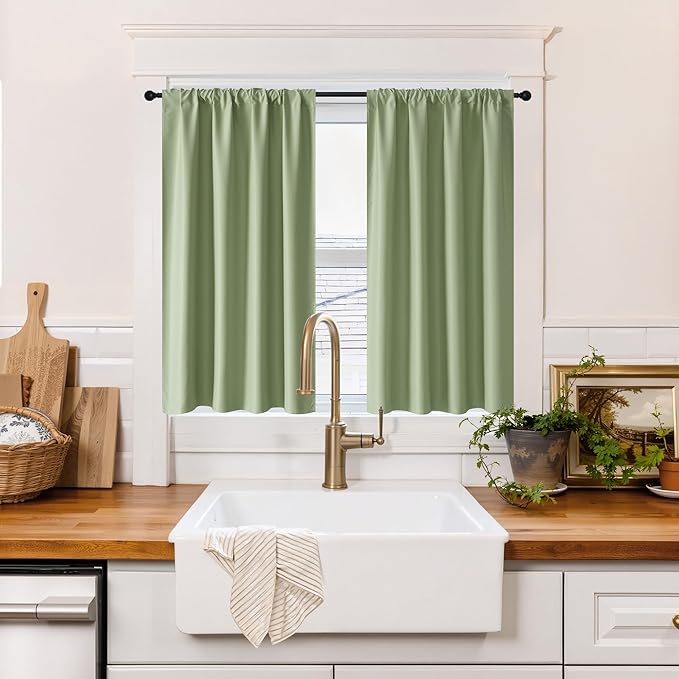 RYB HOME 100% Blackout Short Curtains for Small Window, Thermal Insulated | Total Room Darkening, Noise Reducing, Curtains for Kitchen Bathroom Basement, W42 x L36, Sage Green, 2 Panels by RYBHOME