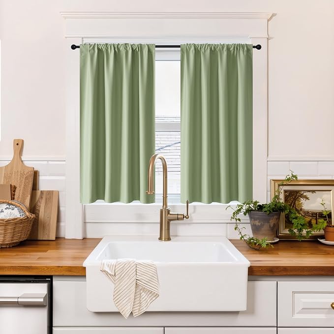RYB HOME 100% Blackout Basement Curtains 36 inches Long, Heat & UV Blocking | Total Room Darkening, Noise Reducing, Curtains for Bathroom RV Campers, W34 x L36, Beige, 2 Panels by RYBHOME