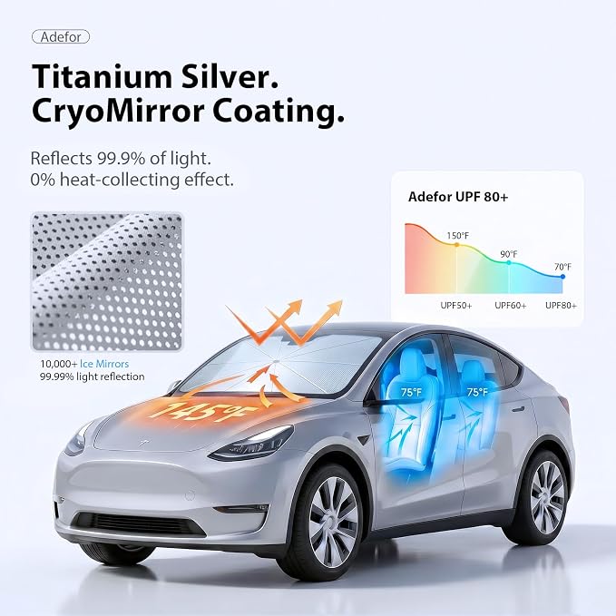 2026 Upgraded Windshield Sun Shade Umbrella for Tesla Model Y [Precision Custom Fit, Superior UV & Heat Block] Cooling Tech Fabric, Durable Foldable with Storage Bag, Fits 2020-2026 - Image 6