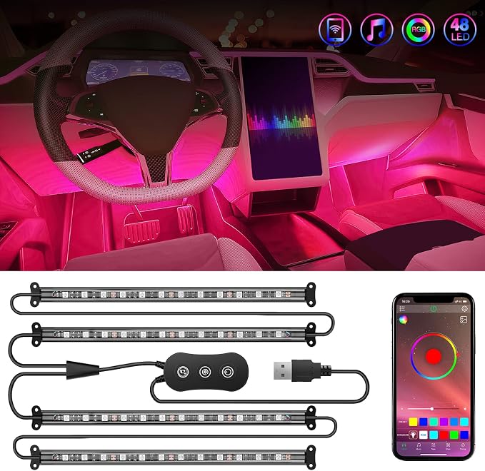 Nilight 4PCS USB Car Interior Lights RGB App and Button Control | 5V DC Multi Color Music Car Neon Accent Light Strips Under Dash Lighting Kit with Sound Active Function by Nilight
