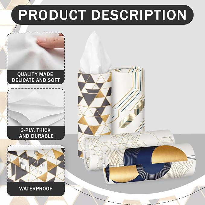 Arttown Car Tissue Holder for Cup Holder Facial Tissues 12 Pack Gold | Navy Bulk 3-Ply,Refillable Marble Print Cylinder Tissue Boxes,Fit Car Home Office School (600 Sheets Total,50 Sheets Each) - Image 6