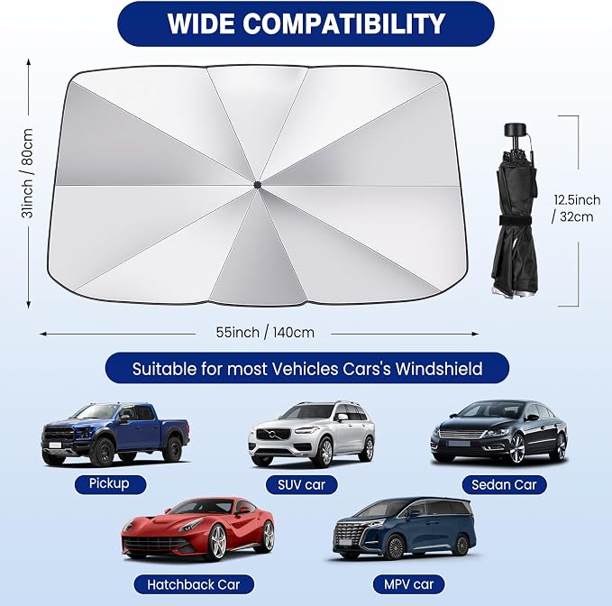 Pleneal Windshield Sun Shade Umbrella, 55" x 31" Foldable Car Sun Shade | 55" x 31", Titanium Silver Reflective Material, Bendable Shaft, High Tenacity Ribs, One-piece Opening Design, Storage Bag - Image 4