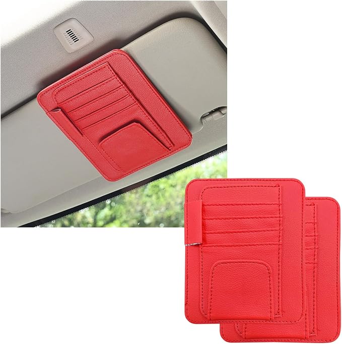 Dickno 2PCS Small Leather Car Sun Visor Organizer, Multifunctional Auto Visor Document Holder with Sunglasses Clip, Universal Car Interior Organizer for Drving License, Card, Pen (Red) by Dickno