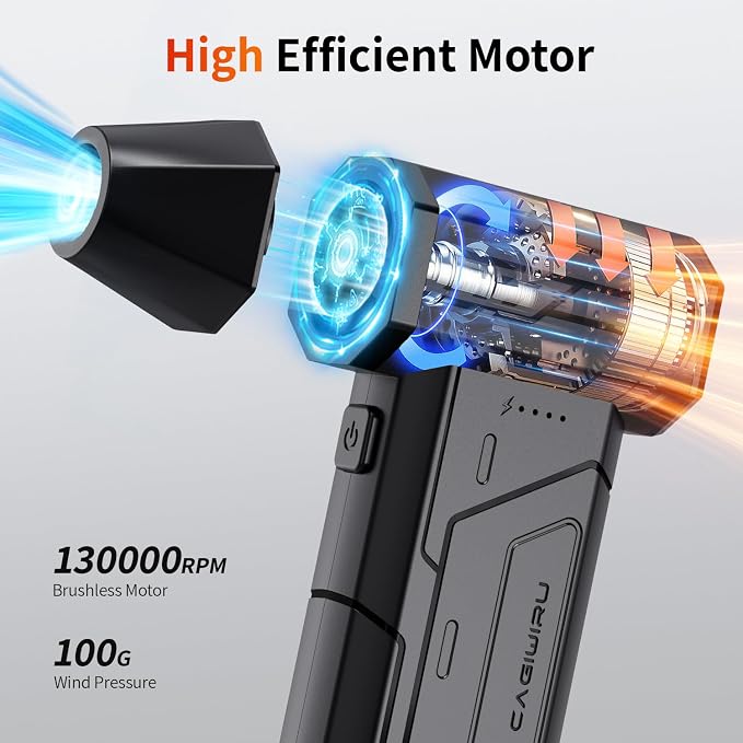 Compressed Air Duster,130000RPM Super Power Cordless Air Duster,Rechargeable Brushless Blower,3 Gear Adjustable Blower with LED Light,Dust Remover for Computer/House/Outdoor/Car - Image 3
