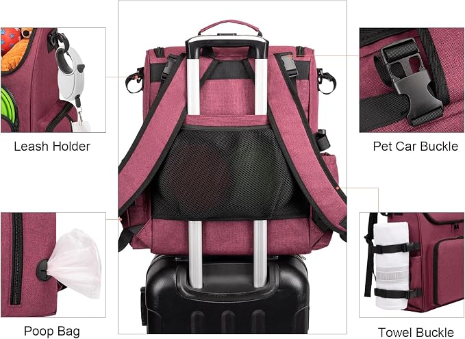 Modoker Multi-Compartment Dog Travel Backpack for Pet Supplies, Rose Red | Dog Travel Accessories Organizer with 2 Food Bags, 2 Bowls, Quick-Access Pockets, Tissue Opening, Luggage Sleeve, Feeding Mat - Image 5