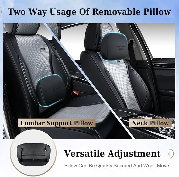 Coverado Seat Covers, Car Seat Covers Front Seats, Waterproof Nappa Leather Auto Seat Cover with Lumbar Head Pillow, Black Gray Seat Covers Carseat Cover Universal Fit for Most Cars - Image 2