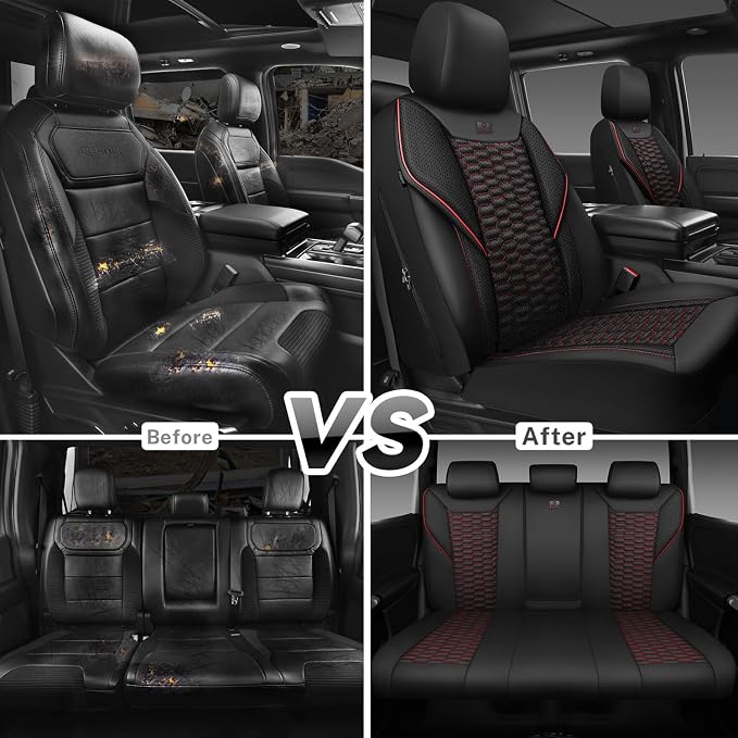 CAR PASS 3D Foam Mesh Leather Car Seat Covers Full Set,Breathable Mesh Faux Leather Seat Covers for Car,Universal Fit for SUV Truck Sedan Automotive, Armrest Airbag Compatible,Black and Red - Image 8