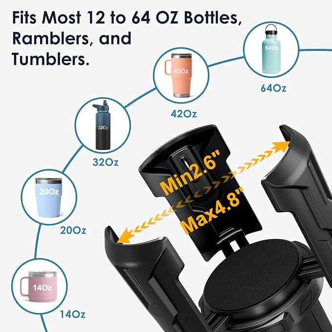Cup Holder Expander, Cup Holder Expander for Car, Adjustable Cupholder for 2.6"- 4.8" Yeti, Hydro Flask, Nalgene, Takeya, Camelbak, Ramblers, Owala, Tumblers, Mugs, Bottles, with Sunglass Holder - Image 4