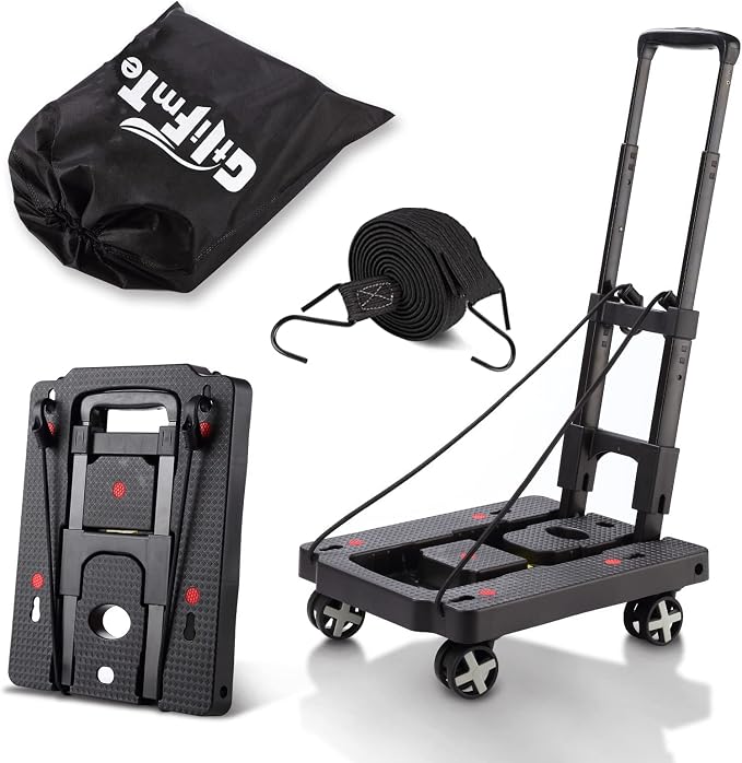 GtIiFmTe Foldable Hand Truck, Lightweight Luggage Cart for Airport Car Seat | Compact Folding dolly with Rotating swivel wheel,storage size12×15.7×4.1",300lbs Load,Upright Lock Handle with 3bungee cords by GtIiFmTe
