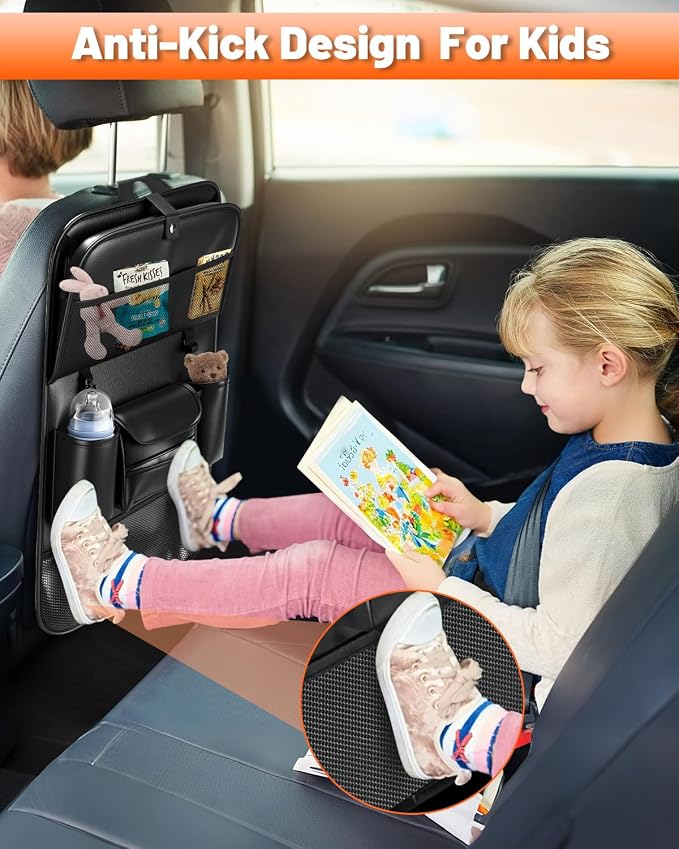 2 Pack Leather Car Backseat Organizer with Foldable Table Tray | Garbage Bag Hook, Protector Kick Mats for Kids, 8 Large-Capacity Pocket, Universal Car Seat Protector for Kids, Pets & Travel - Image 2
