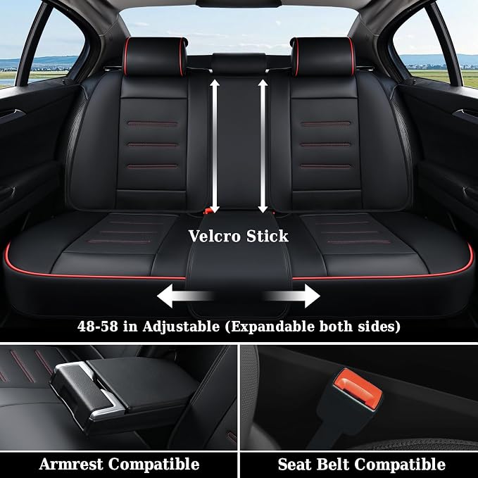 Coverado Car Seat Covers Full Set, Seat Covers for Cars, Car Seat Protector Waterproof, Leather Cushion, Universal Car Interior Covers Seat Protectors for Most Cars Black-Redline - Image 4