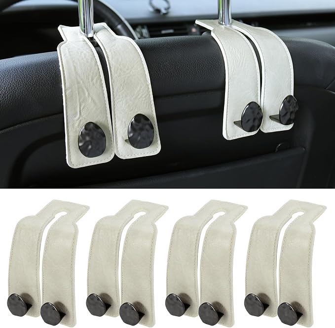 Leather Car Purse Hook for Headrest, 4 Pack, White-Black | Twin Hooks Headrest Hangers, 2/4 Pack, No-Slip, Scratch-Proof, Holds Purses, Backpacks, Grocery Bags, Car Organizer Gift by Fashion