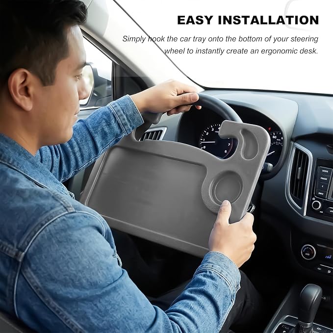 2 in 1 Car Steering Wheel Desk, Multipurpose Auto Table with Cup Holder and Pen Slot, Portable Double Sided Design Steering Wheel Tray for Eating & Work, Car Accessories (Gray) - Image 3