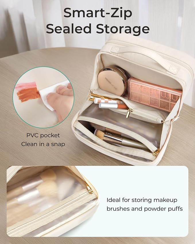 BAGSMART Travel Makeup Bag, Make Up Bag with Multiple Compartments for Organizer, Durable & Compact Cosmetic Organizer for Women for Travel Accessories (Beige) - Image 5