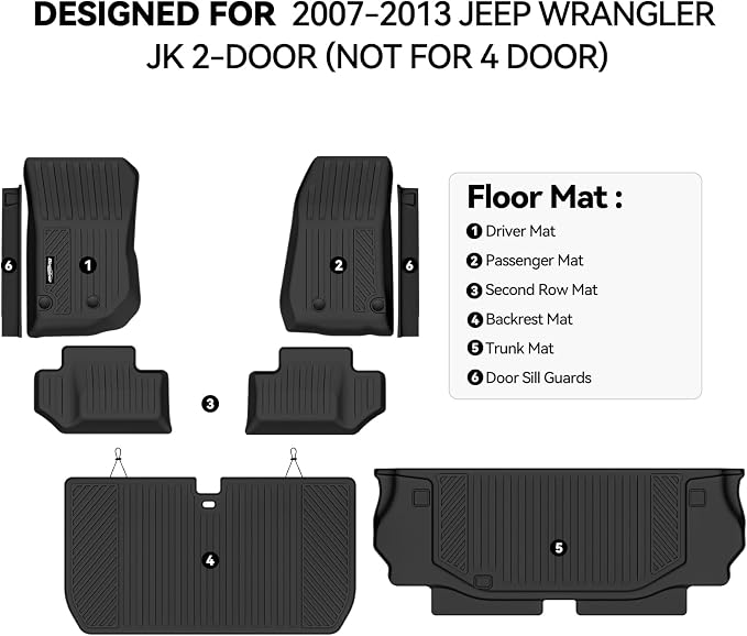 Floor Mats for 2007-2013 Jeep Wrangler JK 2-Door Accessories | (Not for 4 Door) Trunk Mat & Backrest Protector & Door Sill Guard All Weather TPE Full Set Interior Floor Liners - Image 2