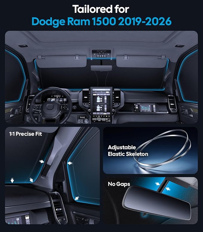 Wigoo 2026 6PC Full Set Window Sunshade for Dodge Ram 1500 2019-2026 | 7-Layer Cooler & Blacker, Ice-Crystal Tech, Full Set Shades With Windshield for Sun Block, Camping Accessories - Image 5