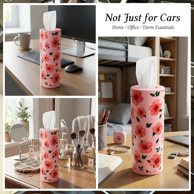 Car Tissues Cylinder for Cup Holder - Refillable Round Tissues Canister with 2 Packs Tissue - Cute Tropical Floral Car Interior Accessories for Women & Men - Hawaiian Style Cars Decor (Pink Hibiscus) - Image 7