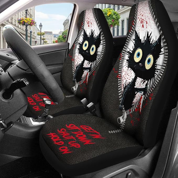 GENANY Horror Black Cat Car Seat Covers, 2-Piece Front Seat Set | 2-piece polyester front seat cover set, each 49.5 x 19.6 inches, with adjustable straps and hooks - Image 4