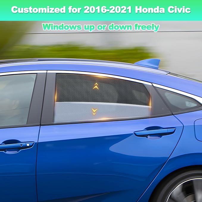 Civic Window Shades 2016-2021, Rear Side Mesh, 2PCS | Custom Fit Window Shades, Breathable Mesh Blocks UV Rays, Reduces Heat & Glare, Creates Comfort for Babies & Rear Passengers - Image 2