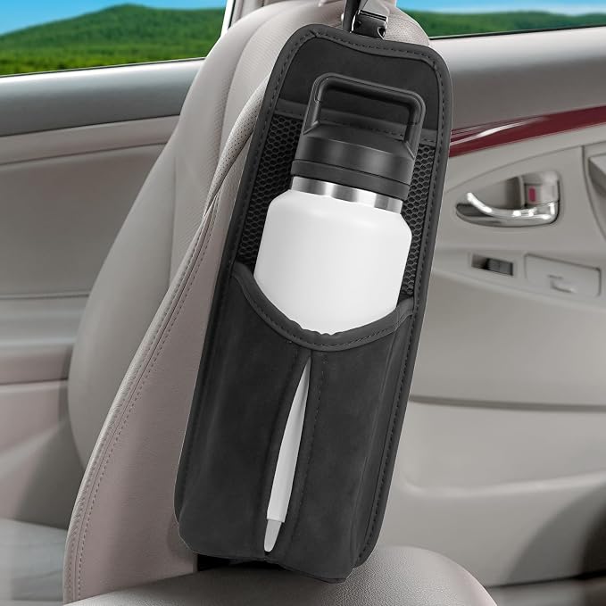 Linkidea Car Seat Side Large Water Bottle Holder Compatible with Owala FreeSip 24oz/32oz, Yeti Rambler 26oz/36oz, Auto Seat Large Car Bottle Hanging Storage Organizer with Mesh Pocket, Black by Linkidea