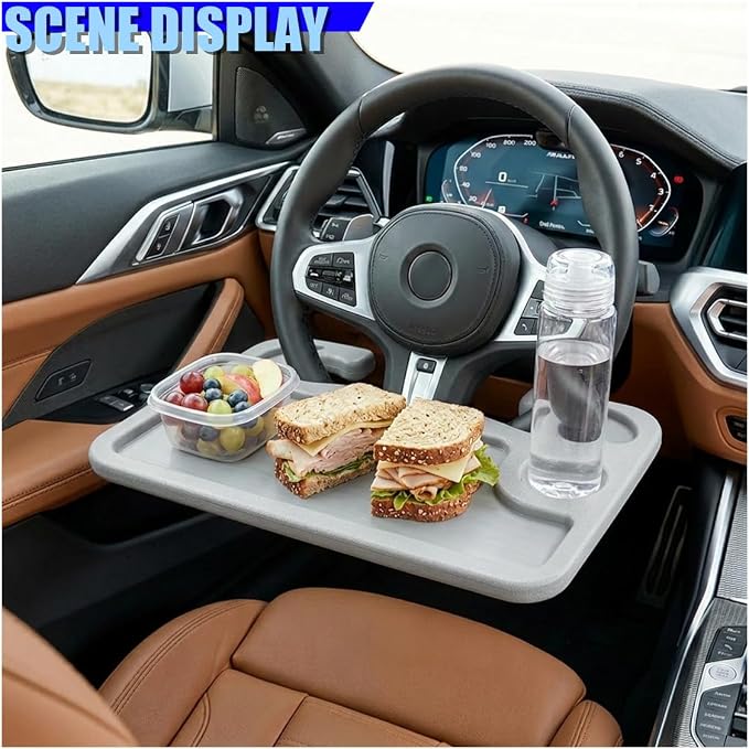 Car Steering Wheel Desk, 2 in 1 Multipurpose Auto Steering Wheel Tray with Drink Holder and Pen Slot, Portable Vehicle Computer Office Table Travel Accessories for Laptop, Food (Gray) - Image 5