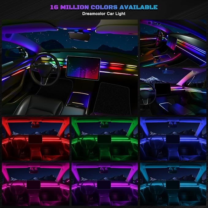 Dreamcolor Acrylic Interior Car LED Strip Light with Wireless APP, RGB 6 in 1 with 175 inches 593 LEDs Fiber Optic Strip Lights for Car, Music Sync Neon Car Ambient Neon Lighting Kits - Image 2