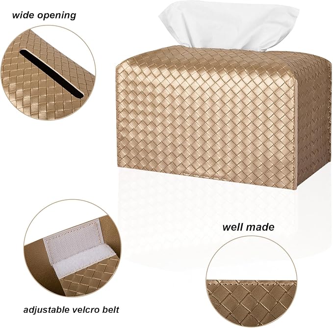 Tissue Box Cover Rectangle Leather Facial Paper Holder, Gold | PU Leather，Easy to Fill, Easy Clean, Decorative Cube Tissue Box Holder for Office, Bathroom,Kitchen, Living room, Guest room - Image 5