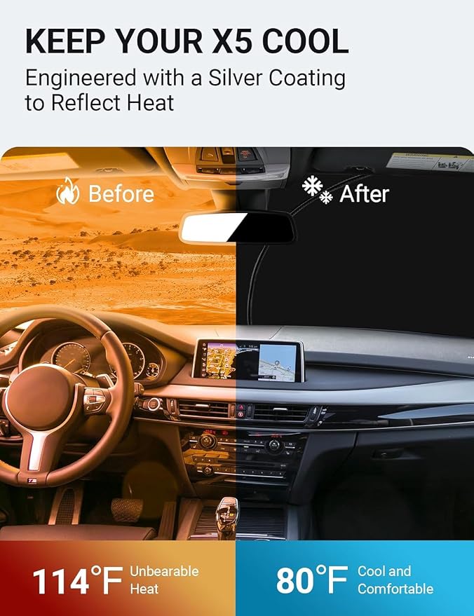 Proadsy Custom Fit 2014-2018 BMW X5 Windshield Sun Shade, Blocks Heat | 240T Heat Shield, Drops Temp 54°F, Blocks 99% UV, Prevents Dashboard Cracking, Summer Parking & Beach Trips, Easy Twist-Fold - Image 3