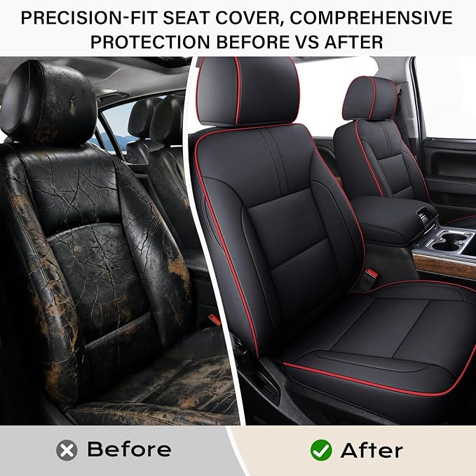 Coverado Chevy Silverado Seat Covers, Faux Leather Seat Covers Fit for Chevy Silverado GMC Sierra 2007-2025 1500, 2015-2025 2500HD 3500HD Crew Double Extended Cab (Front, Red) - Image 3