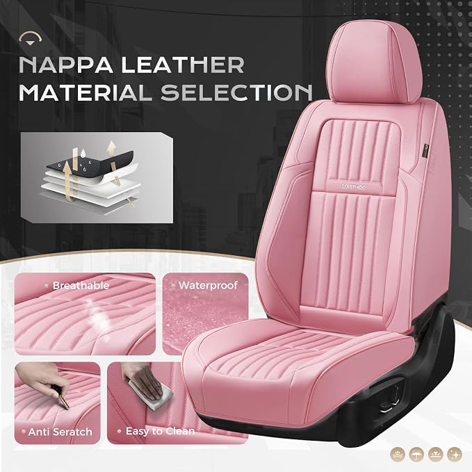 Coverado Car Seat Covers Front Seats, Seat Covers for Cars, Car Seat Protector, 2-Pack Car Seat Cushion Nappa Leather, Waterproof Seat Covers Carseat Cover Universal Fit for Most Cars Trucks(Pink) - Image 2